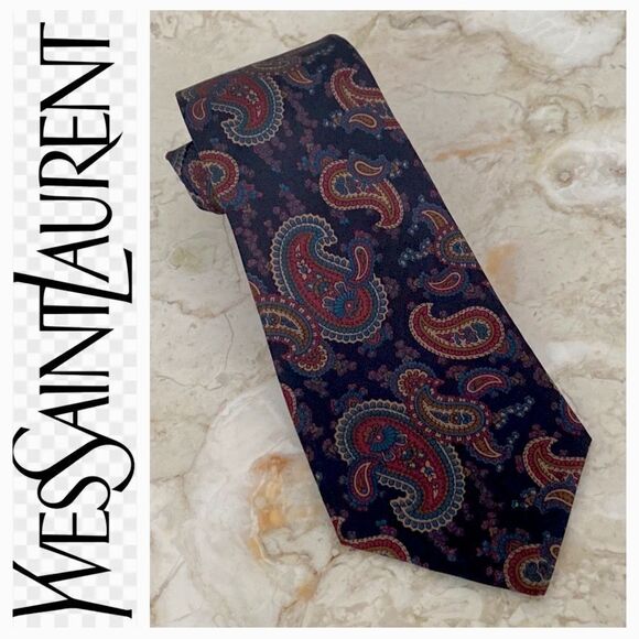 Yves Saint Laurent Dark Paisley Print Tie 100% Silk - Picture 1 of 8